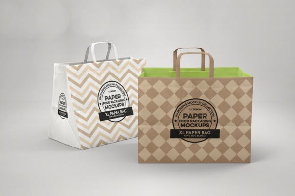 加大型购物纸袋设计图第一素材精选模板 XL Paper Bags with Flat Handles Mockup