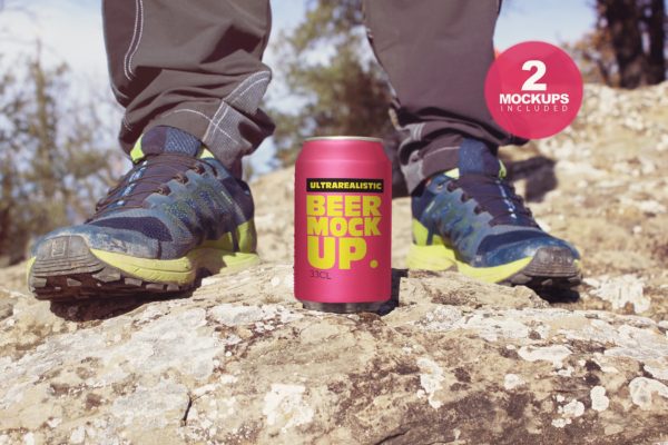 啤酒易拉罐野外拍摄场景蚂蚁素材精选2 Mountain Beer Can Mockup Duo