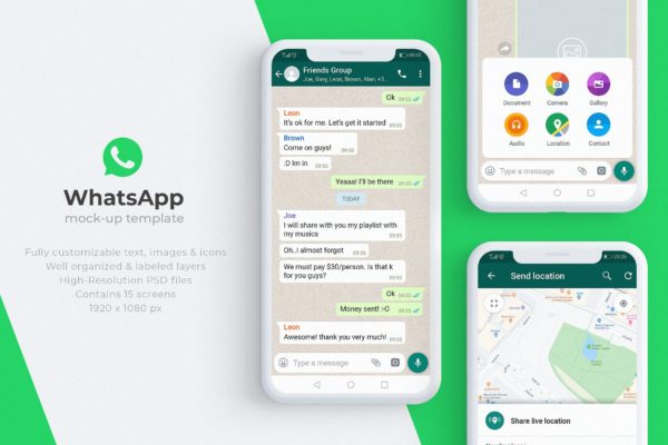 WhatsApp应用界面设计展示第一素材精选样机模板 WhatsApp Mock-Up Template