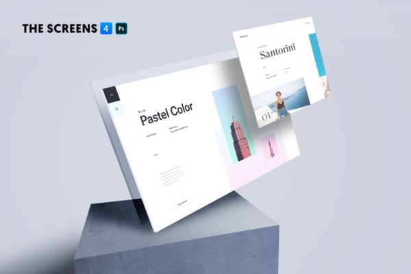 网站&APP界面设计效果图屏幕预览第一素材精选样机 The Screens 4 – Perspective PSD Mockup Template