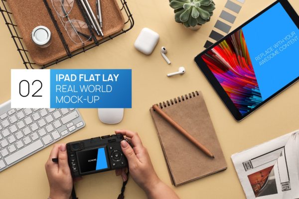 办公桌俯视图iPad Pro平板电脑蚂蚁素材精选样机模板 iPad Pro Flat Lay Real World Photo Mock-up