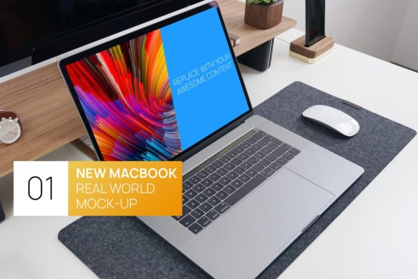 现代简约风办公桌MacBook Pro电脑蚂蚁素材精选样机 New MacBook Pro Touchbar Real World Mock-up