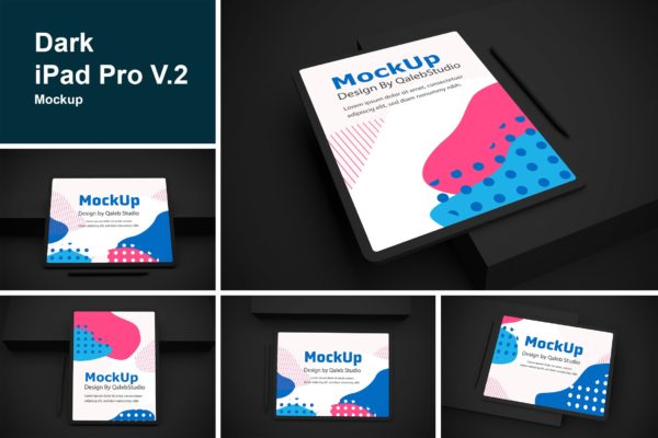 酷黑背景iPad平板电脑UI设计屏幕预览蚂蚁素材精选样机模板 Dark iPad Pro V.2 Mockup