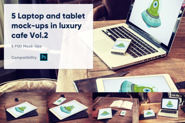 咖啡厅场景Macbook&平板电脑蚂蚁素材精选样机模板v2 5 Laptop and tablet mock-ups in cafe Vol. 2
