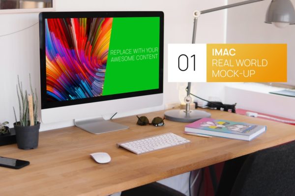 简约实木办公桌场景27寸iMac一体机电脑蚂蚁素材精选样机 Wooden Desk iMac 27 Real World Mock-up