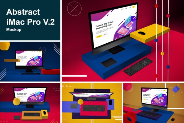 抽象场景iMac Pro一体机电脑屏幕预览蚂蚁素材精选样机v2 Abstract iMac Pro V.2 Mockup