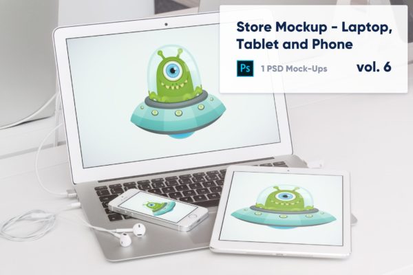 零售店展柜笔记本电脑/平板电脑/手机屏幕预览第一素材精选样机v6 Laptop, Tablet and Phone Mockup in the Store