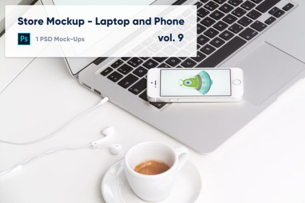 零售店场景笔记本电脑&手机屏幕预览第一素材精选样机模板v9 Laptop and Phone Mockup in the Store – Vol. 9