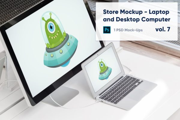 零售店展柜笔记本&一体机电脑屏幕预览第一素材精选样机v7 Laptop and Desktop Computer Mockup in the Store