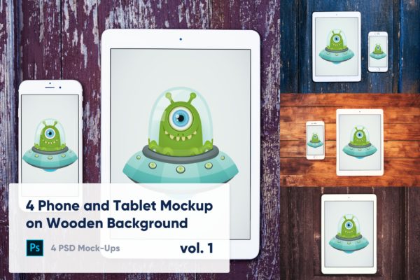 木制背景平板电脑&手机蚂蚁素材精选样机模板v1 4 Tablet & Phone Mockup on Wooden Background Vol.1