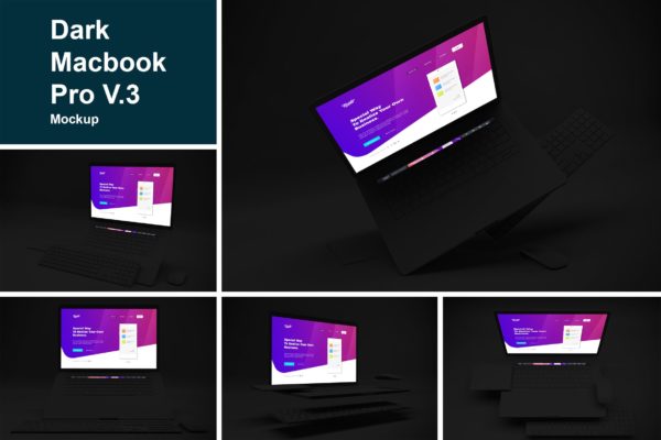 暗黑背景MacBook Pro笔记本电脑设计图预览第一素材精选样机v3 Dark Macbook Pro Mockup V.3