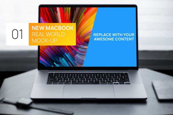 简约风格灰黑场景MacBook电脑屏幕演示第一素材精选样机 New MacBook Touchbar Dark Photo Real World Mock-up