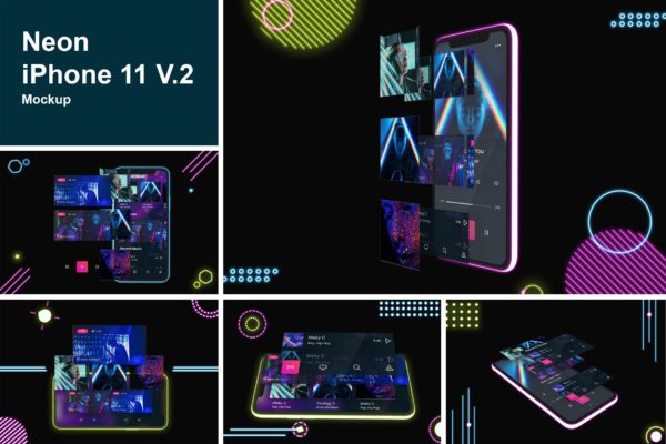 霓虹灯背景iPhone 11手机屏幕预览第一素材精选样机模板v2 Neon iPhone 11 Mockup V.2