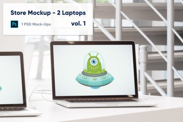 零售店场景笔记本电脑屏幕预览第一素材精选样机模板v1 Laptops Mockup in the Store – Vol. 1