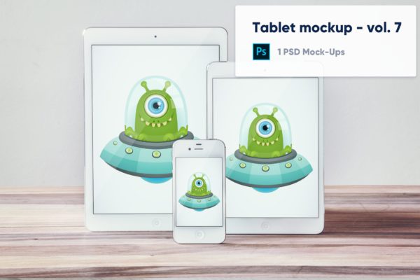木桌上的iPhone&iPad屏幕展示蚂蚁素材精选样机模板v7 Tablets and Phone on Wooden Desk Mockup – Vol. 7