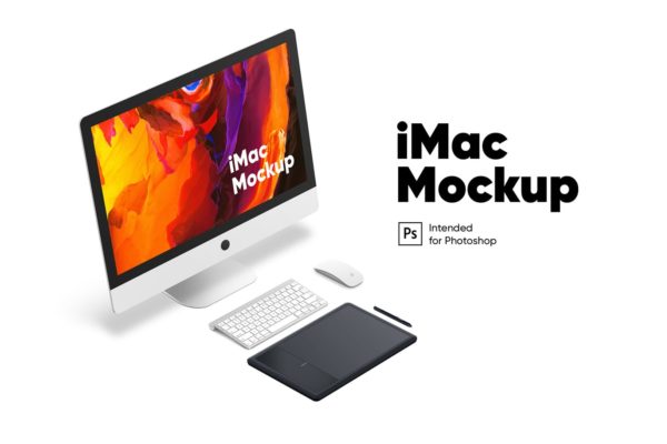 简约工作场景iMac一体机电脑设计演示蚂蚁素材精选样机模板 Workplace iMac mockup