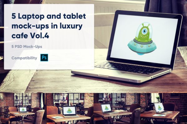 咖啡店场景MacBook&iPad屏幕预览第一素材精选样机模板v4 5 Laptop and tablet mock-ups in cafe Vol. 4