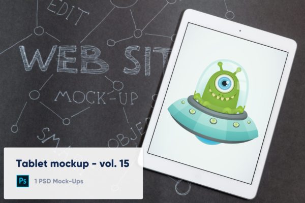 黑色图纸背景iPad平板电脑UI设计演示第一素材精选样机模板v15 Tablet on Black Paper Background Mockup – Vol. 15