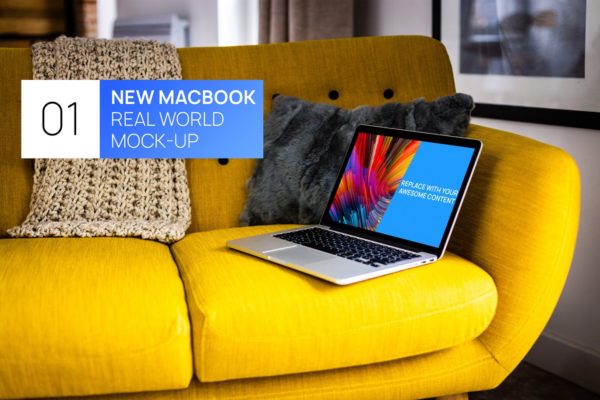 布艺沙发场景MacBook视网膜屏演示蚂蚁素材精选样机模板 MacBook Retina on Bright Sofa Real World Mock-up