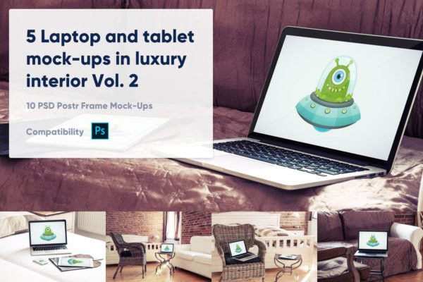 奢华酒店场景笔记本电脑&平板电脑屏幕预览第一素材精选样机v2 5 Laptop and tablet mock-ups in hotel Vol. 2