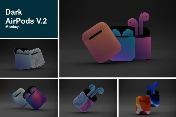 暗色背景AirPods无线耳机外观设计蚂蚁素材精选样机v2 Dark AirPods Mockup V.2