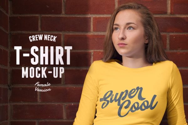 实景拍摄女款T恤模特上身效果样机模板 Crew Neck T-shirt Mock-up Female Version