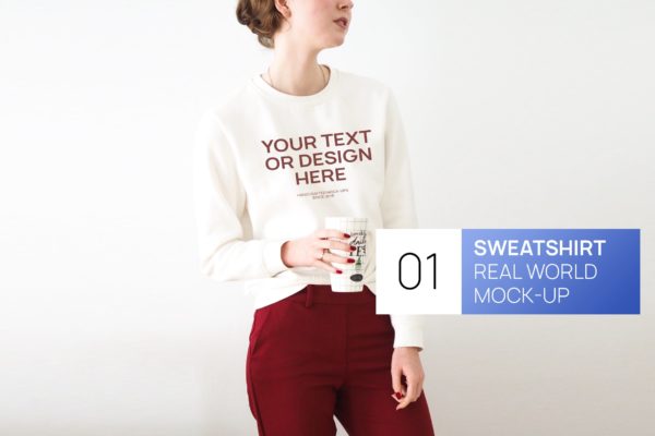 女式白色运动衫印花设计图样机第一素材精选模板 Woman White Sweatshirt Real World Photo Mock-up