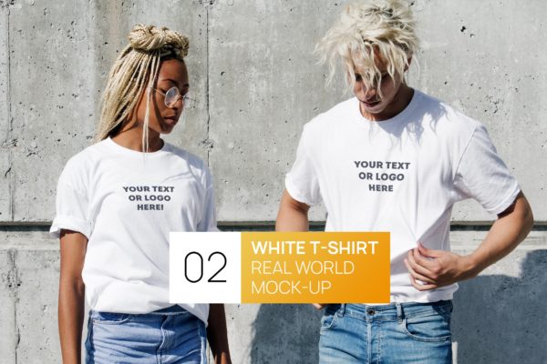 情侣T恤服装设计效果图样机蚂蚁素材精选 Two Persons White T-Shirt Real World Photo Mock-up