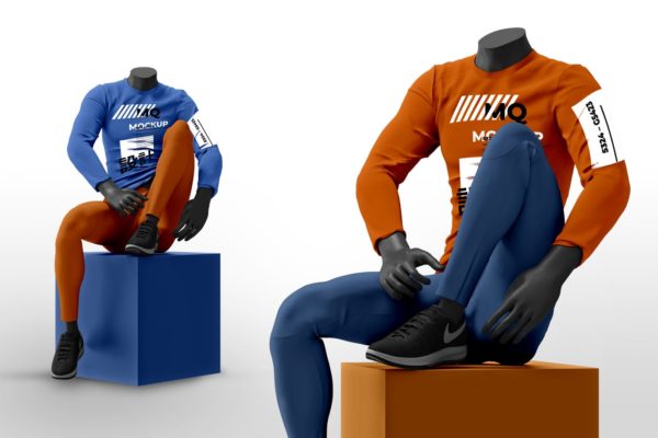 男模特长袖T恤设计图样机第一素材精选模板 Male Mannequin with Long Sleeve Mockups