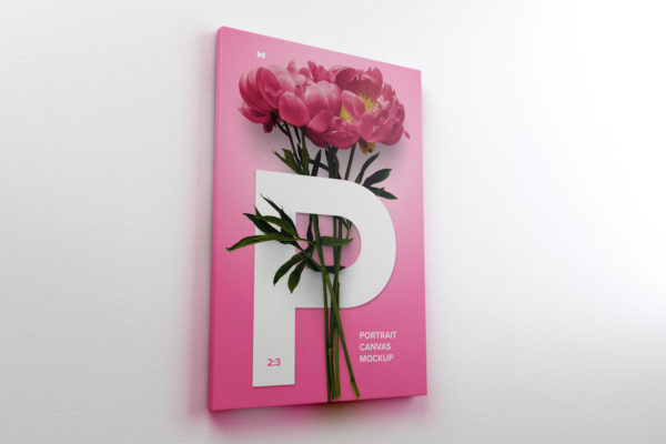 挂墙画布画框作品预览左视图样机素材 2:3 Portrait Canvas Mockup Hanging on Wall, Left View