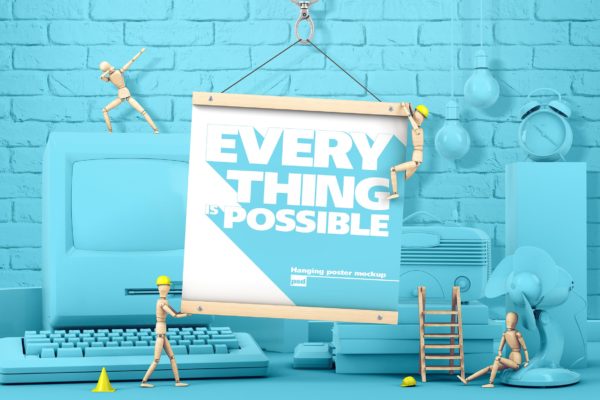 创意木偶场景海报设计效果图样机蚂蚁素材精选 Square Hanging Poster With Wooden Men Mockup