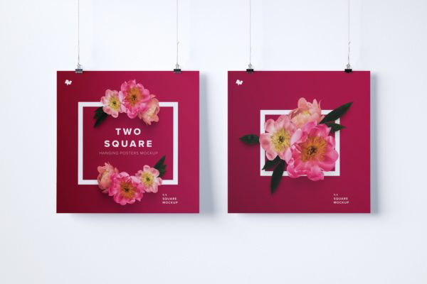 1:1比例两幅肖像油画海报展示样机第一素材精选 Two 1:1 square hanging posters mockup