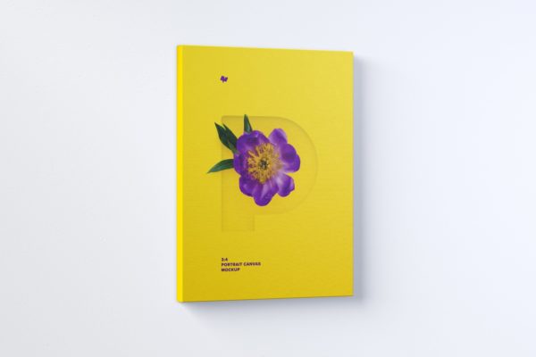 3:4比例肖像油画展示左视图样机第一素材精选 3:4 Portrait Canvas Mockup Hanging on Wall, Left View