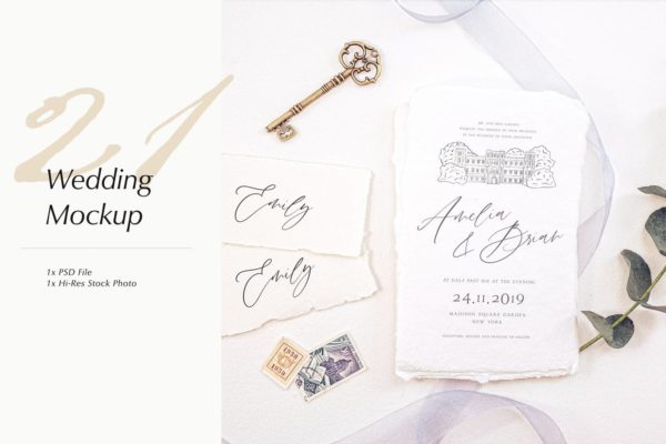 婚礼照片婚礼邀请函优雅风格设计样机第一素材精选模板v21 Wedding Photo Mockup 21