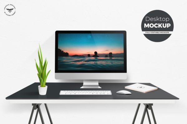 现代简约办公桌场景一体机电脑样机蚂蚁素材精选模板 Desktop Mockups with Table