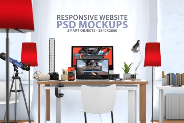 创意办公桌面响应式设计效果图预览样机第一素材精选 Responsive Website PSD Mock-up Desk