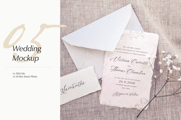 婚礼照片婚礼邀请函优雅风格设计样机第一素材精选模板v05 Wedding Photo Mockup 05