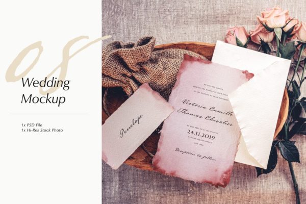 婚礼照片婚礼邀请函优雅风格设计样机第一素材精选模板v08 Wedding Photo Mockup 08