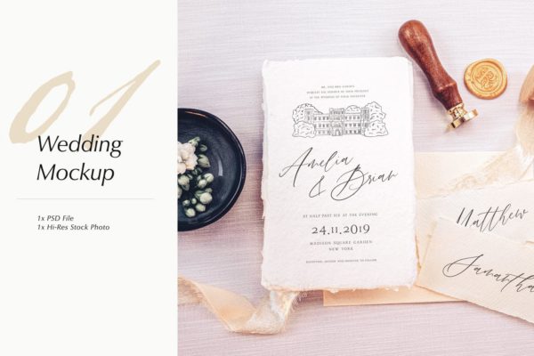 婚礼照片婚礼邀请函优雅风格设计样机第一素材精选模板v01 Wedding Photo Mockup 01