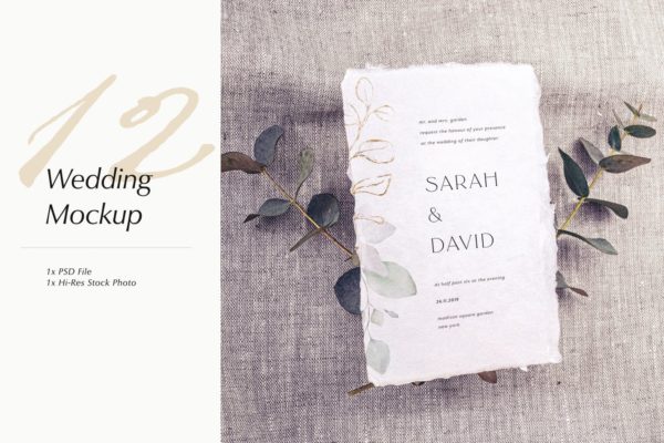 婚礼照片婚礼邀请函优雅风格设计样机第一素材精选模板v12 Wedding Photo Mockup 12