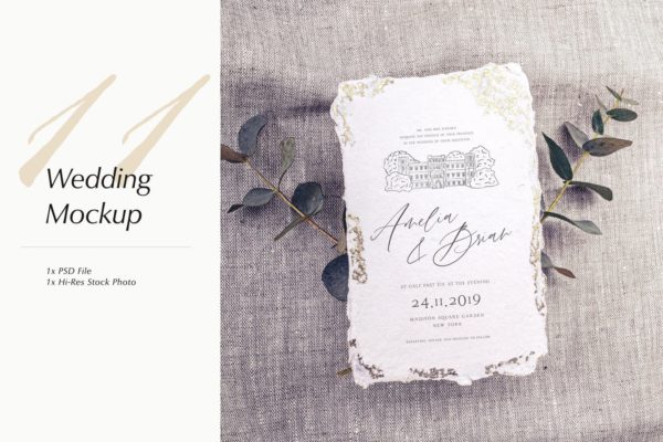 婚礼照片婚礼邀请函优雅风格设计样机第一素材精选模板v11 Wedding Photo Mockup 11