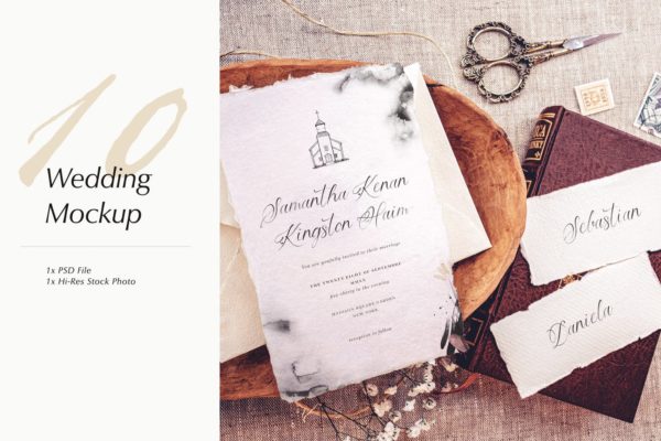 婚礼照片婚礼邀请函优雅风格设计样机第一素材精选模板v10 Wedding Photo Mockup 10