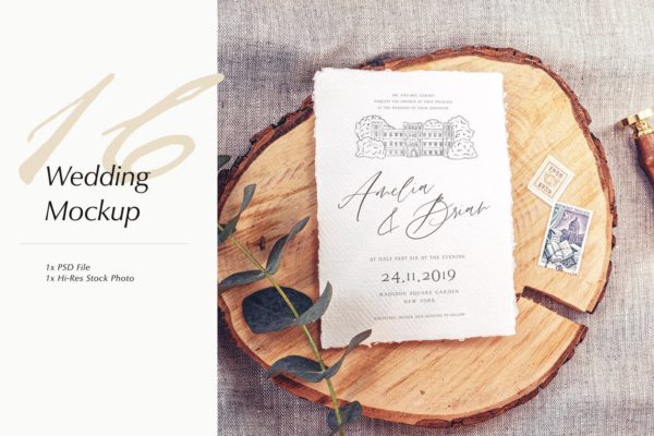 婚礼照片婚礼邀请函优雅风格设计样机第一素材精选模板v16 Wedding Photo Mockup 16