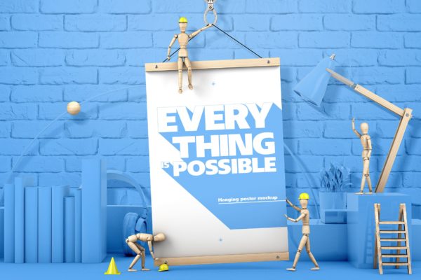 木偶悬挂海报场景海报效果图样机蚂蚁素材精选模板 Hanging Poster With Wooden Men Mockup