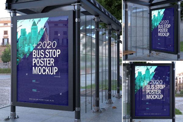 公交巴士站橱窗海报张贴效果图样机第一素材精选 Bus Stop Poster – Mockups FH