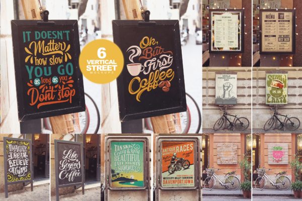 复古风格店铺小黑板招牌广告样机第一素材精选模板 Vertical Signboard Mockups x6