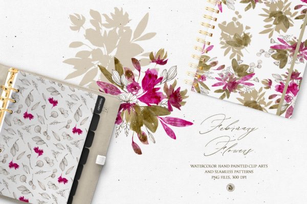 二月花水彩手绘花卉无缝图案背景蚂蚁素材精选 February Flowers