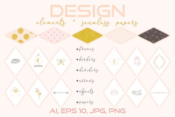 优雅手绘元素无缝纸张图案贴图素材 Design Elements and Seamless Papers