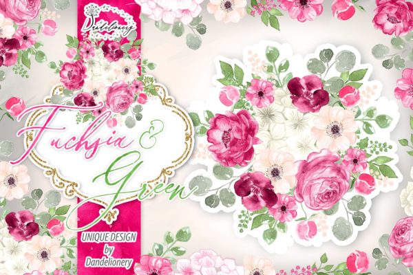 紫红色与绿色水彩手绘图案设计素材 Watercolor Fuchsia And Green design