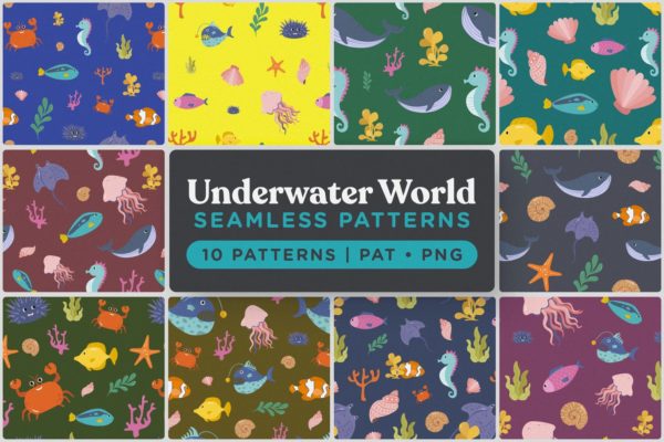 海底世界海底动物主题手绘图案无缝背景素材 Underwater World Seamless Patterns